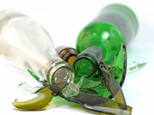 Broken glass bottles.