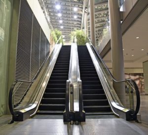 A double escalator in an empty shopping centre.