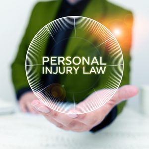 A personal injury solicitor who is an expert in PTSD claims holds a glowing bubble with the words personal injury law inside. 