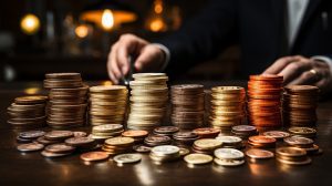 Stacks of coins being counted by a man.