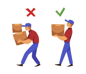 A digital cartoon image of the incorrect and correct way to carry boxes to prevent the risk of accidents 