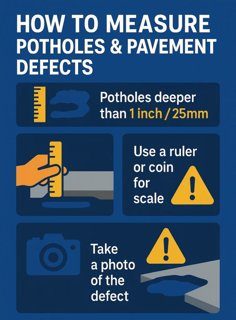 an infographic explaining how to measure a pothole or pavement defect when claiming compensation against local councils