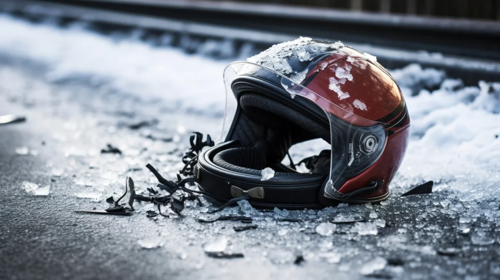 A motorcycle helmet on the ground surrounded by debris after a motorcycle crash