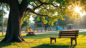 A public playground with a bench and tree in foreground and the sun shining through the leaves. 