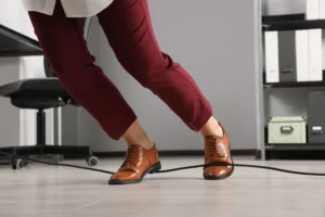 Woman in red pants trips over a trailing wire in an office