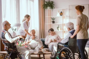 An image shows residents in a care home.