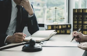 A solicitor works on pressure sore claims at a desk with law books and a gavel.